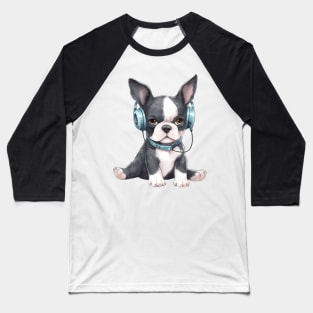 Watercolor Boston Terrier Dog with Headphones Baseball T-Shirt